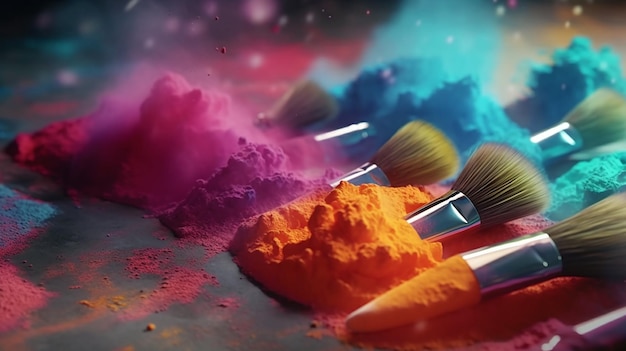 pennelli cosmetici e polvere colorata esplosione AI generativa