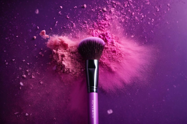 Pennelli da trucco con polvere rosa e viola esplosione di bellezza colorata schizzo di primo piano di cosmetici