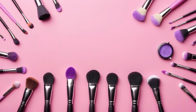 pennelli di trucco e cosmetici su sfondo rosa o viola