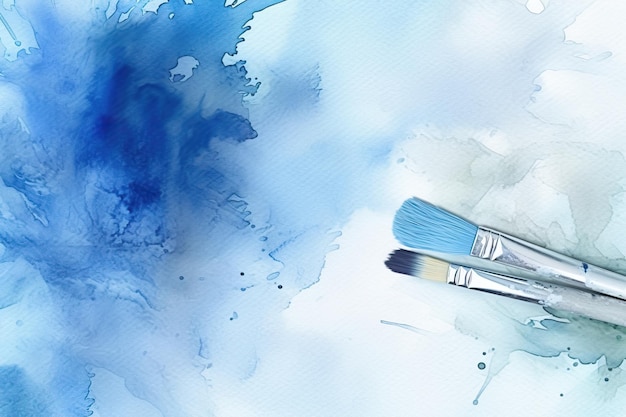Pennelli di vernice su sfondo acquerello blu con spazio per la copia