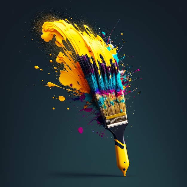 Pennello con spruzzi di vernice colorata su sfondo nero IA generativa