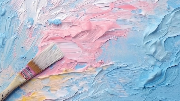 pennello da pittura con vernice rosa e blu su una superficie blu ai generativa