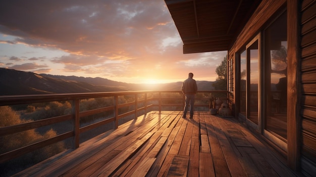 Pennello della natura Un uomo si immerge in un tramonto su un portico di legno in montagna