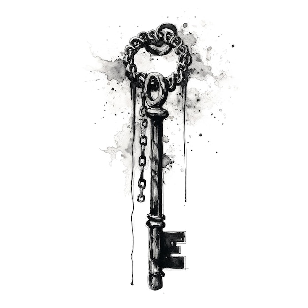 pennello inchiostro nero di una chiave in una catena