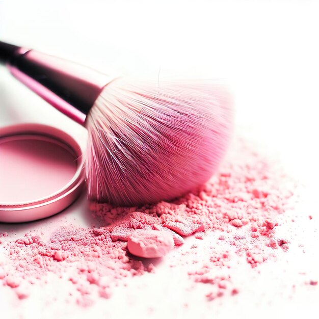 Pennello per il trucco e polvere cosmetica rosa su sfondo bianco