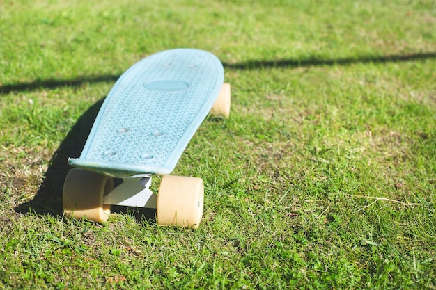 Penny Board skateboard su erba verde, close-up. Stile di vita attivo, attrezzature sportive.