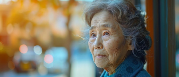 Pensare depressi e anziani donna asiatica in casa di riposo riflessione e ricordare la vita passata