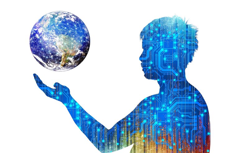 Pensate agli esseri umani e alla tecnologia nel mondo virtuale Il concetto di tecnologia AI che sta giocando un ruolo negli esseri umani silhouette di persone con circuiti elettronici su uno sfondo bianco