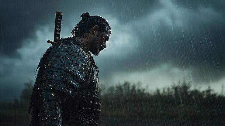 Foto pensieroso guerriero samurai sotto la pioggia coperto da katana drammatico cielo tempestoso
