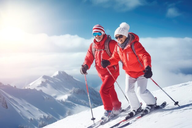 pensionati con sci alpino e tute rosse in montagna Stile di vita attivo degli anziani in inverno