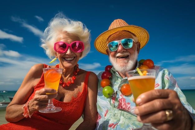 Pensionati felici pensionati vacanze estive vacanze spiaggia nave e mare cocktail viaggio felice vecchiaia godersi la vita Nonna e nonno nonni IA generativa