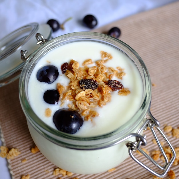 pentola di yogurt con quattro mirtilli e muesli