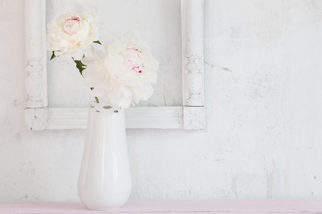 Peonie in vaso su fondo bianco