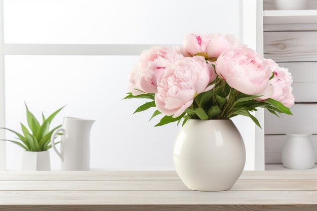 Peonie rosa in vaso bianco smaltato fiori bouquet su tavolo di legno in interno bianco provenzale