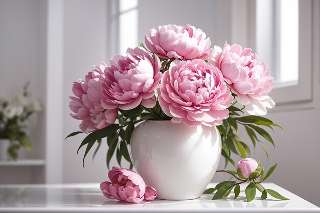 Peonie rosa in vaso di ceramica bianca con interno bianco