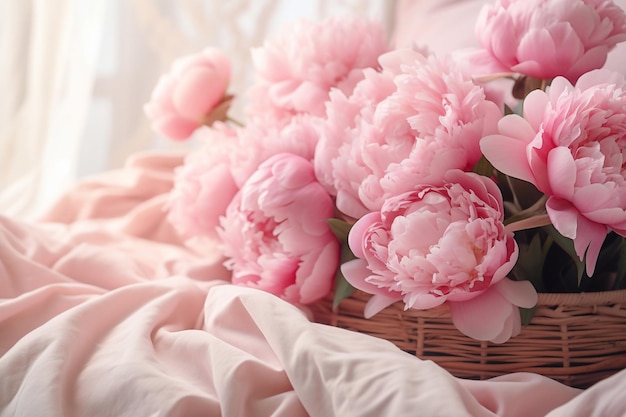 peonie rosa nel cesto su un letto