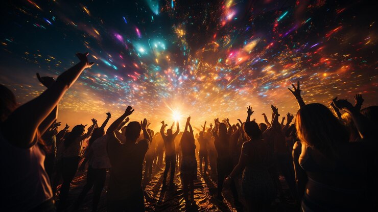 people dancing under colorful lights of disco mirror