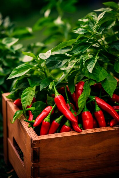 peperoncini in una scatola in giardino Focalizzazione selettiva