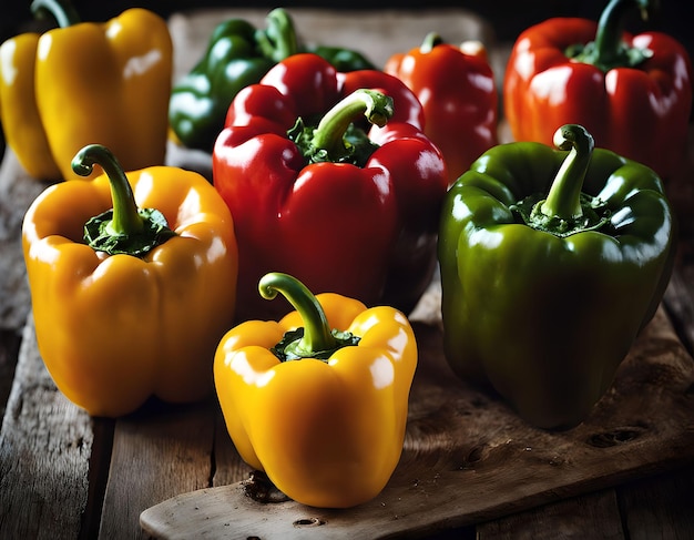 Peperoncini ripieni di carne, riso e verdure su uno sfondo di legno