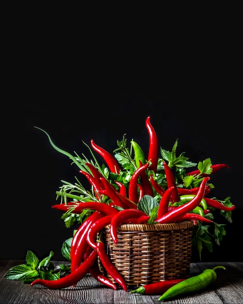 Peperoncini rossi e verdi con erbe fresche in un cesto di vimini su un tavolo di legno