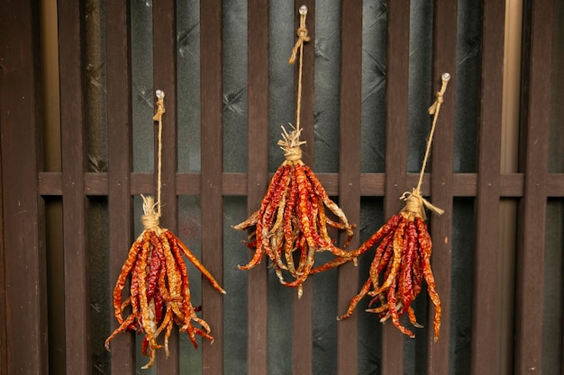 Peperoncini secchi appesi al sole su una strada di Magome in Giappone