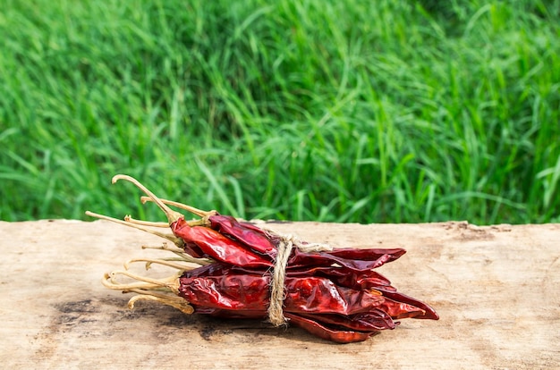 Peperoncini secchi su legno con sfondo verde erba