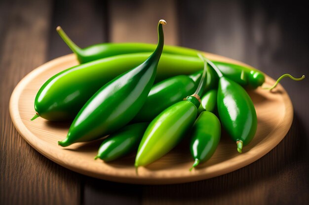 Peperoncini verdi su un piatto di legno