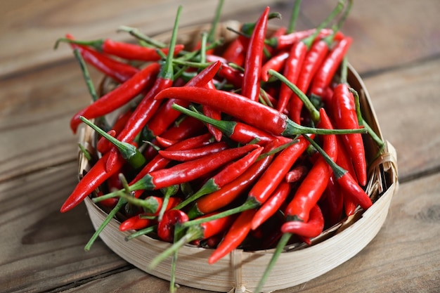 Peperoncino Peperoncino rosso caldo su sfondo paniere Close up gruppo di peperoncino rosso maturo