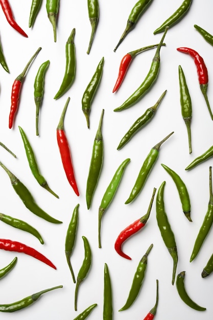 Peperoncino piccante rosso e verde su sfondo bianco