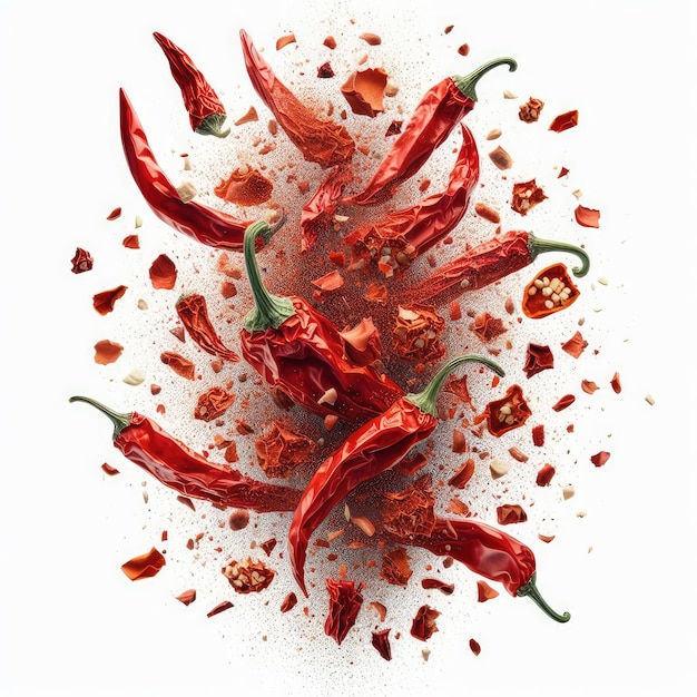 Peperoncino rosso secco schiacciato isolato su uno sfondo bianco