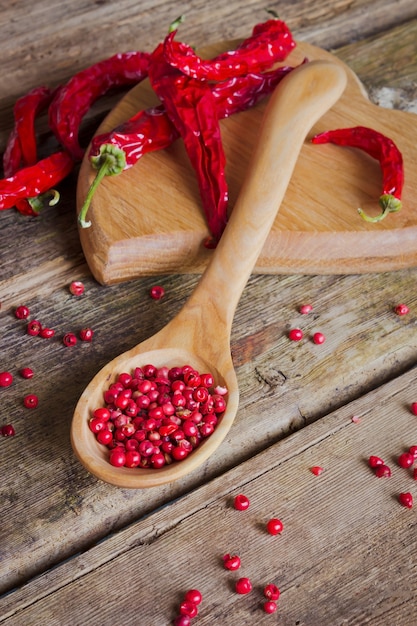 Peperoncino rosso sul cucchiaio di legno