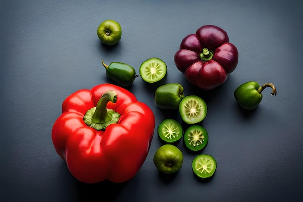 Peperone rosso circondato da peperoni verdi