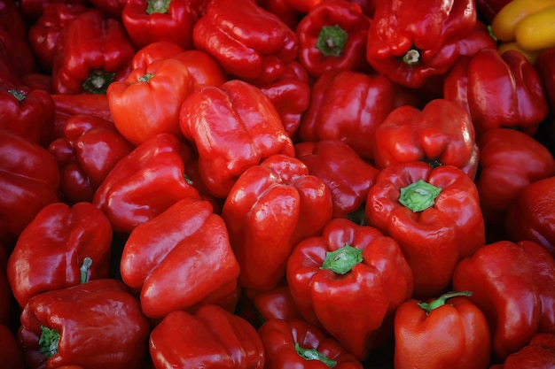 Peperone rosso sul bancone del supermercato Una grande quantità di peperone rosso in un mucchio