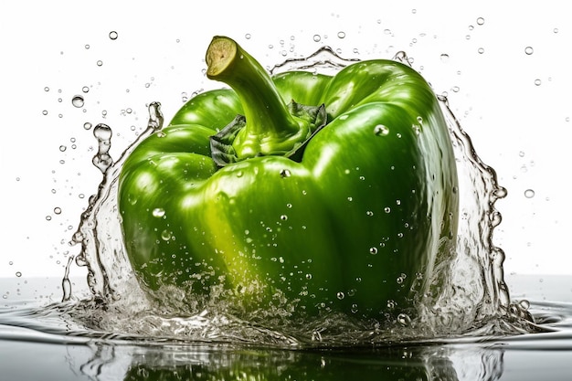 Peperone verde in acqua con una spruzzata d'acqua