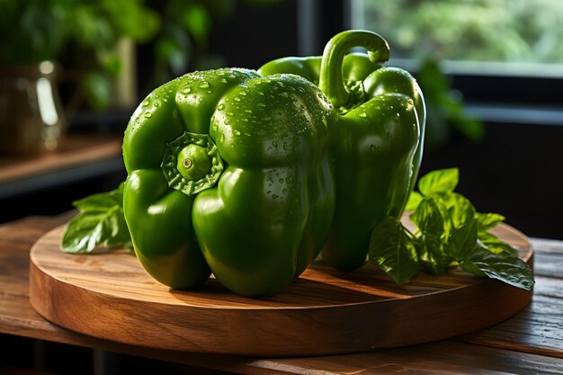 peperone verde sulla tavola di legno concetto di cibo vegano