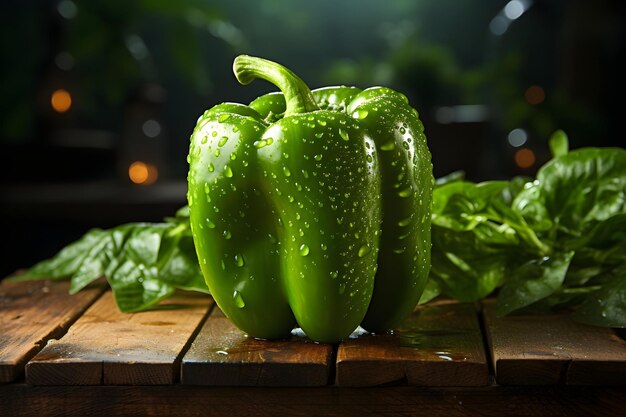 peperone verde sulla tavola di legno concetto di cibo vegano