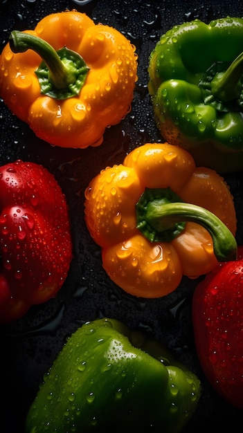 Peperoni colorati con gocce d'acqua su sfondo nero