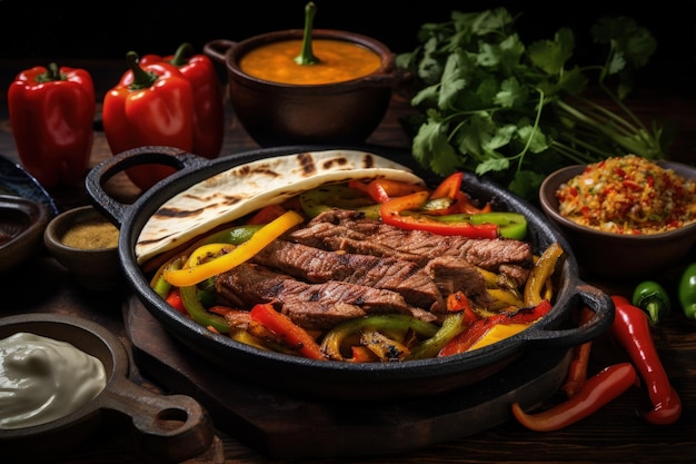 Peperoni e tortilla di pane con fajitas di manzo e salse in padella