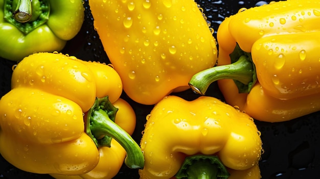 Peperoni gialli freschi con sfondo di gocce d'acqua Sfondo di verdure AI generativa