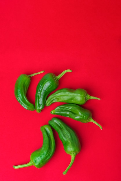 Peperoni padron verdi su fondo rosso