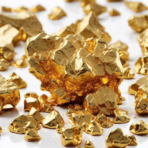 Pepite d'oro scintillanti su sfondo bianco IA generativa