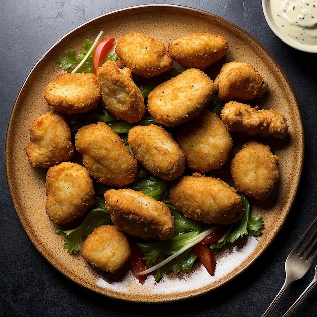 Pepite di pollo fritte su uno sfondo scuro