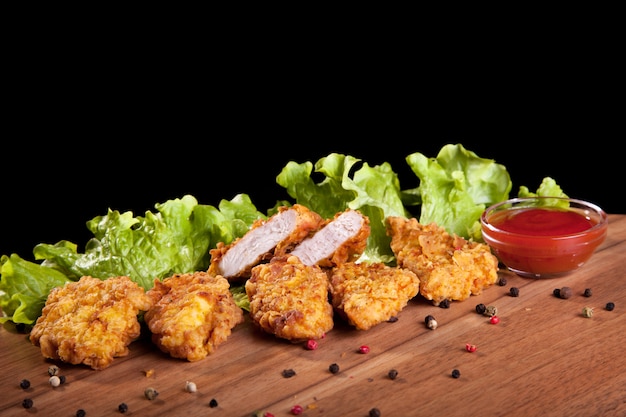 Pepite di pollo, su un tavolo di legno con salsa e lattuga su sfondo nero.