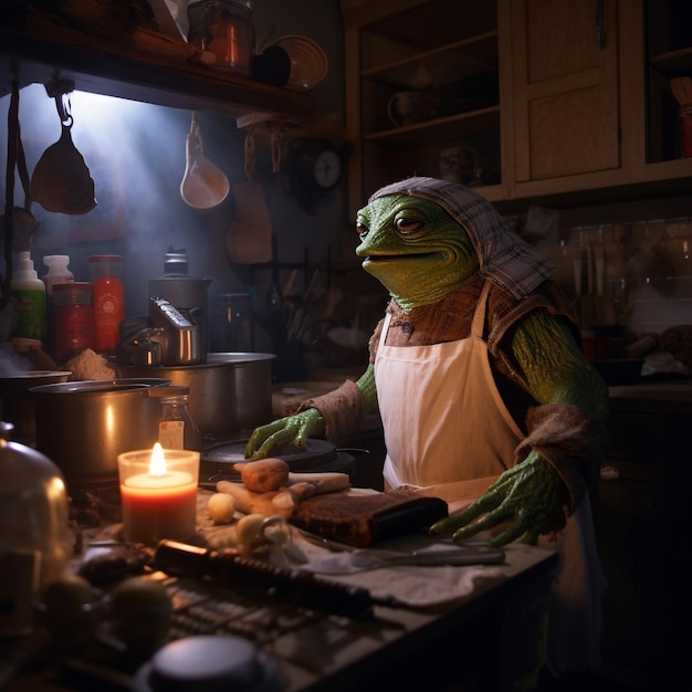 Peppe, la rana esausta, cucina la cena.