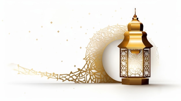 Per celebrare il mese sacro del Ramadan, un'illustrazione con una luna e una lanterna dorate insieme alla frase calligrafica Ramadan Kareem è raffigurata su uno sfondo bianco