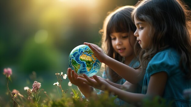 Per la giornata internazionale della pace due giovani ragazze si aggrappano a un globo terrestre su uno sfondo naturale sfocato