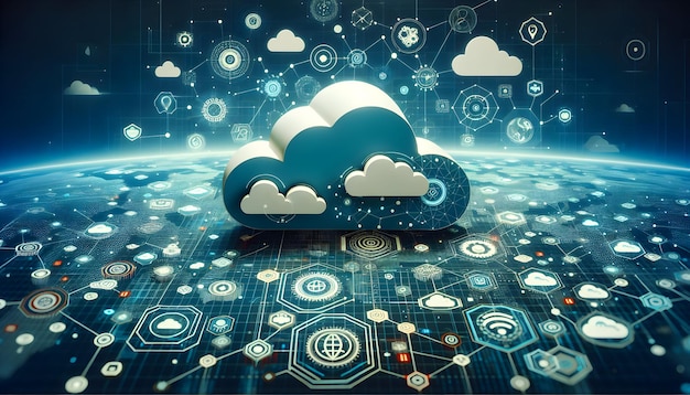 per pubblicità e banner come Cloud Tech Horizon Una linea di orizzonte con simboli di cloud tech che suggeriscono