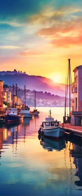 per pubblicità e banner come Harbor Glow Una scena ad acquerello di un porto che brilla al crepuscolo in acqua