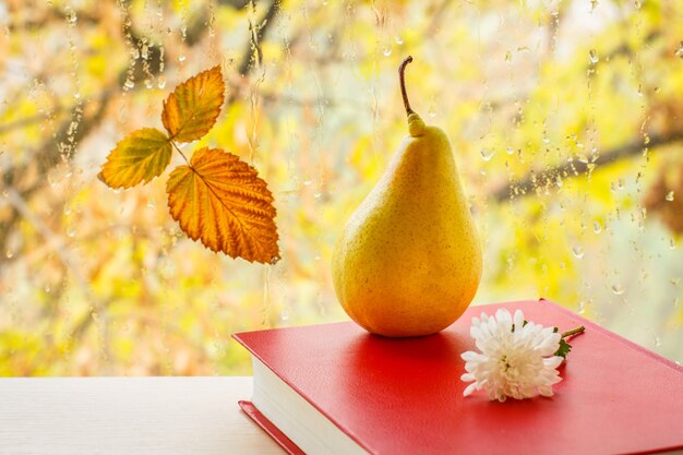 Pera gialla, libro rosso, fiore bianco e foglia secca sul vetro della finestra con gocce d'acqua sullo sfondo naturale sfocato. Foglia caduta su un vetro di finestra con alberi autunnali sullo sfondo.