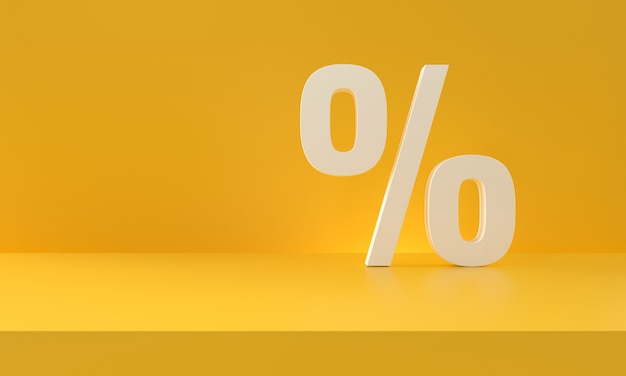Percentuale di sconto simbolo sfondo giallo. Vendita e concetto di acquisto. rendering 3D.